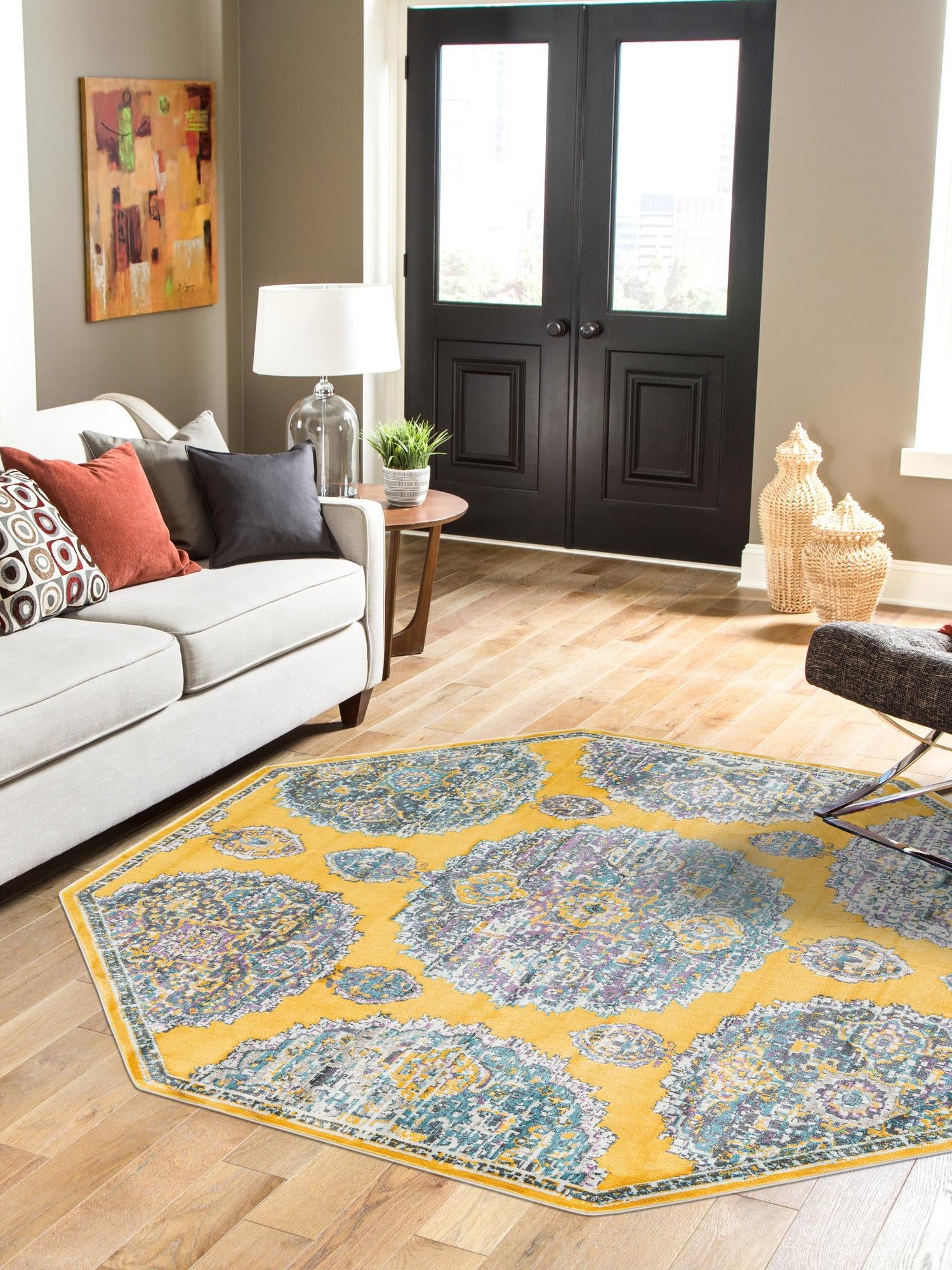 Yellow 6' x 6' Paragon Octagon Area Rug 100% Polypropylene Colorful Vivid Boho Style Modern Carpet for Unique Interiors for Sale at Rug Engine