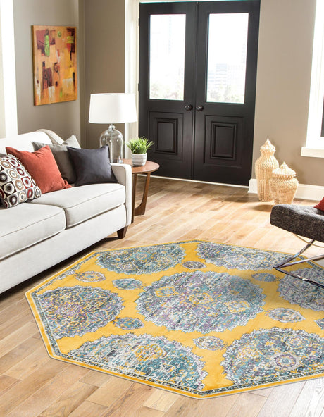 Yellow 6' x 6' Paragon Octagon Area Rug 100% Polypropylene Colorful Vivid Boho Style Modern Carpet for Unique Interiors for Sale at Rug Engine