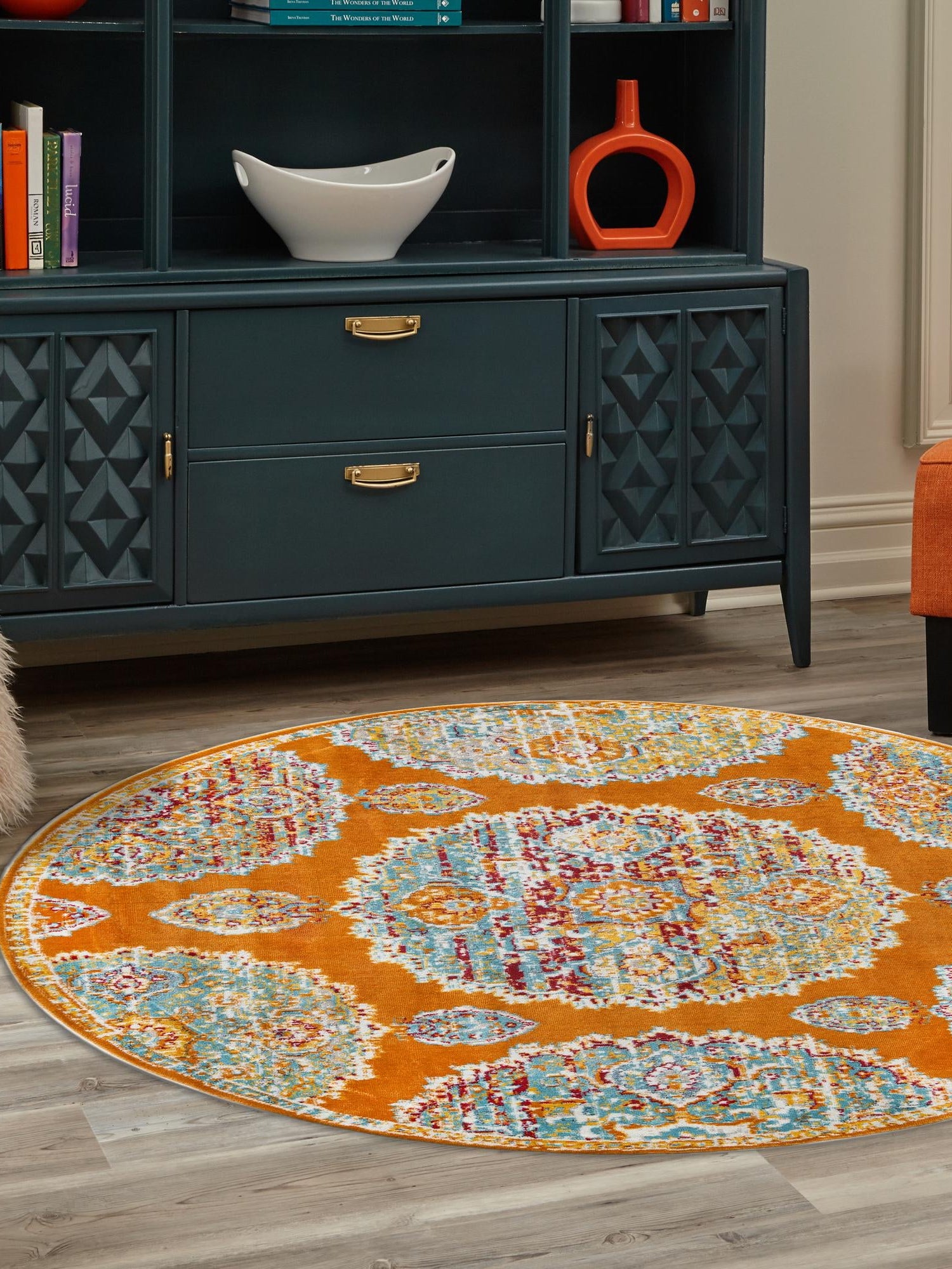 Orange 5' 5 x 5' 5 Paragon Round Area Rug 100% Polypropylene Colorful Vivid Boho Style Modern Carpet for Unique Interiors for Sale at Rug Engine