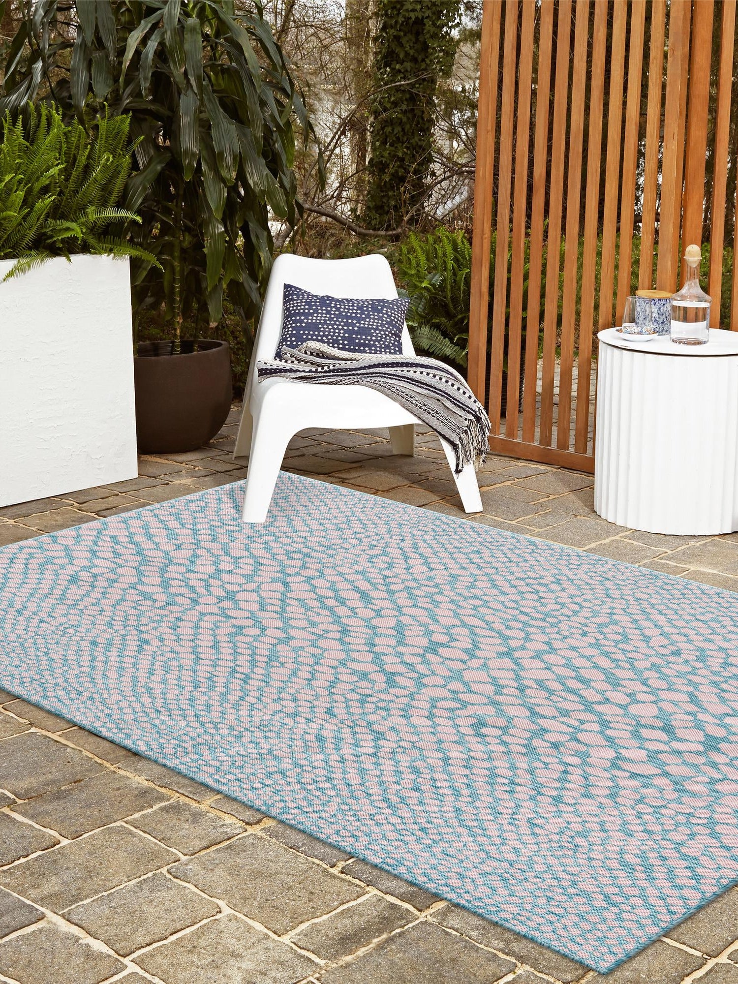 Pink and Aqua 6' 1 x 9' Jill Zarin Outdoor Rectangle Area Rug Weather Resistant for Patio, Deck, Terrace, Balcony, Porch Durable 100% Polypropylene Carpet for Outside for Sale at Rug Engine