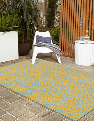 Yellow and Aqua 5' 3 x 8' Jill Zarin Outdoor Rectangle Area Rug Weather Resistant for Patio, Deck, Terrace, Balcony, Porch Durable 100% Polypropylene Carpet for Outside for Sale at Rug Engine