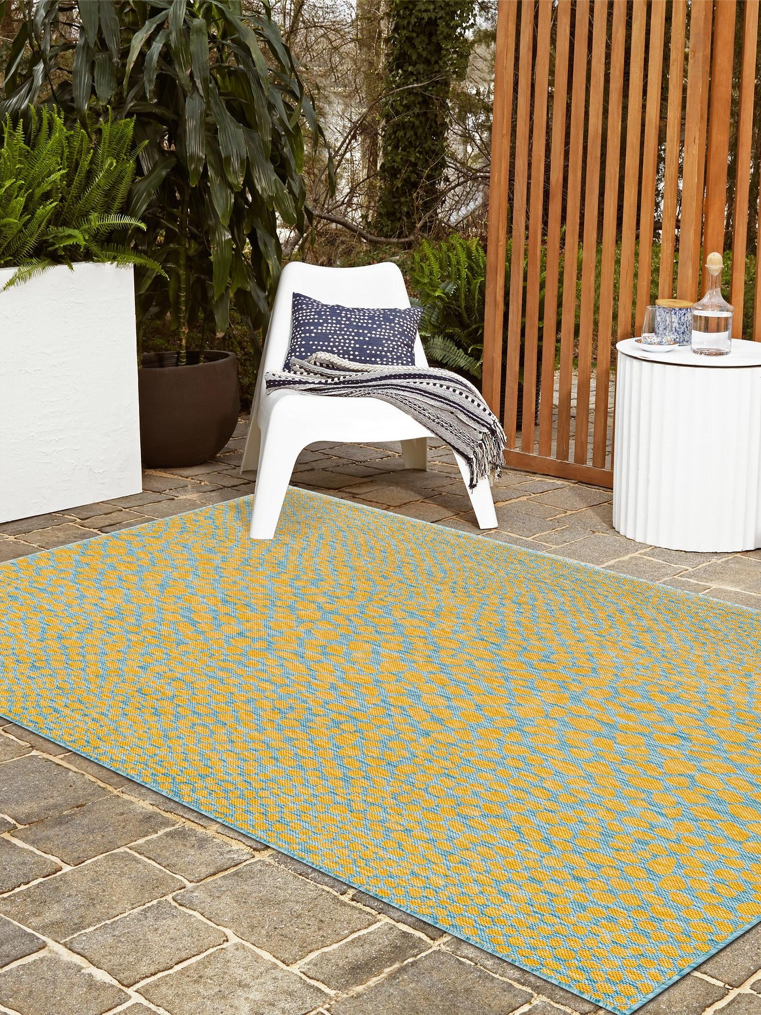 Yellow and Aqua 6' 1 x 9' Jill Zarin Outdoor Rectangle Area Rug Weather Resistant for Patio, Deck, Terrace, Balcony, Porch Durable 100% Polypropylene Carpet for Outside for Sale at Rug Engine