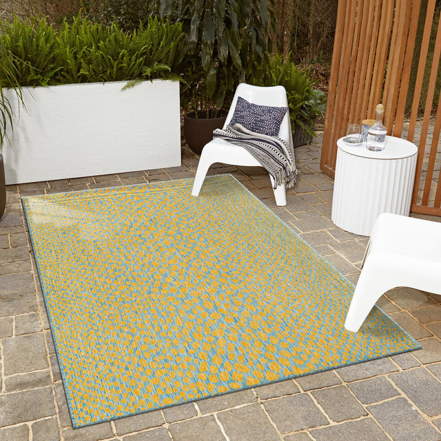 Yellow and Aqua 5' 3 x 8' Jill Zarin Outdoor Rectangle Area Rug Weather Resistant for Patio, Deck, Terrace, Balcony, Porch Durable 100% Polypropylene Carpet for Outside for Sale at Rug Engine