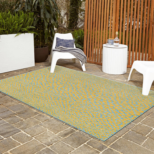Yellow and Aqua 5' 3 x 8' Jill Zarin Outdoor Rectangle Area Rug Weather Resistant for Patio, Deck, Terrace, Balcony, Porch Durable 100% Polypropylene Carpet for Outside for Sale at Rug Engine
