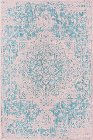 Pink and Aqua 5' 3 x 8' Jill Zarin Outdoor Rectangle Area Rug Weather Resistant for Patio, Deck, Terrace, Balcony, Porch Durable 100% Polypropylene Carpet for Outside for Sale at Rug Engine