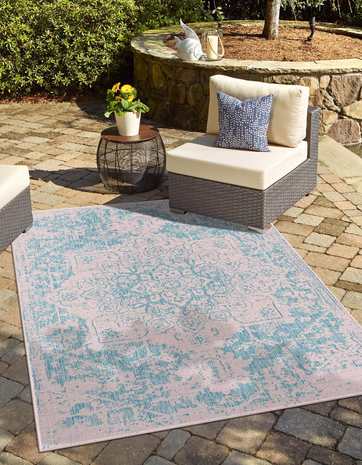 Pink and Aqua 2' x 3' 1 Jill Zarin Outdoor Rectangle Area Rug Weather Resistant for Patio, Deck, Terrace, Balcony, Porch Durable 100% Polypropylene Carpet for Outside for Sale at Rug Engine