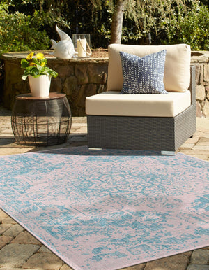Pink and Aqua 7' 10 x 10' Jill Zarin Outdoor Rectangle Area Rug Weather Resistant for Patio, Deck, Terrace, Balcony, Porch Durable 100% Polypropylene Carpet for Outside for Sale at Rug Engine