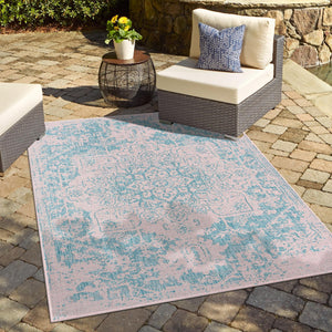 Pink and Aqua 5' 3 x 8' Jill Zarin Outdoor Rectangle Area Rug Weather Resistant for Patio, Deck, Terrace, Balcony, Porch Durable 100% Polypropylene Carpet for Outside for Sale at Rug Engine