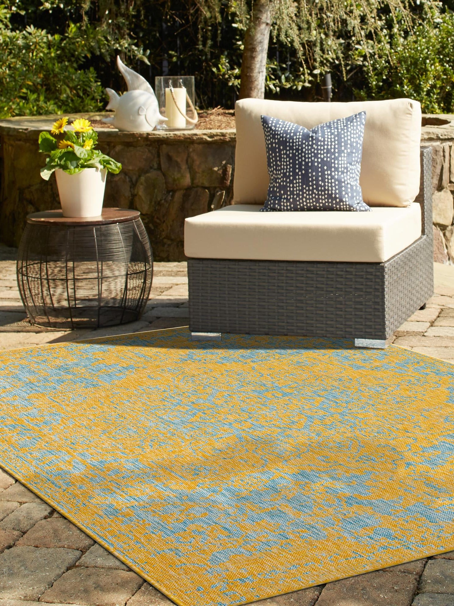 Yellow and Aqua 7' 10 x 10' Jill Zarin Outdoor Rectangle Area Rug Weather Resistant for Patio, Deck, Terrace, Balcony, Porch Durable 100% Polypropylene Carpet for Outside for Sale at Rug Engine