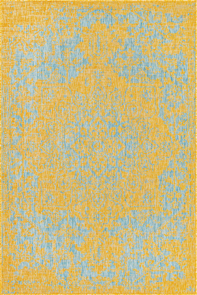 Yellow and Aqua 5' 3 x 8' Jill Zarin Outdoor Rectangle Area Rug Weather Resistant for Patio, Deck, Terrace, Balcony, Porch Durable 100% Polypropylene Carpet for Outside for Sale at Rug Engine