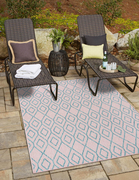 Pink and Aqua 4' 1 x 6' 1 Jill Zarin Outdoor Rectangle Area Rug Weather Resistant for Patio, Deck, Terrace, Balcony, Porch Durable 100% Polypropylene Carpet for Outside for Sale at Rug Engine