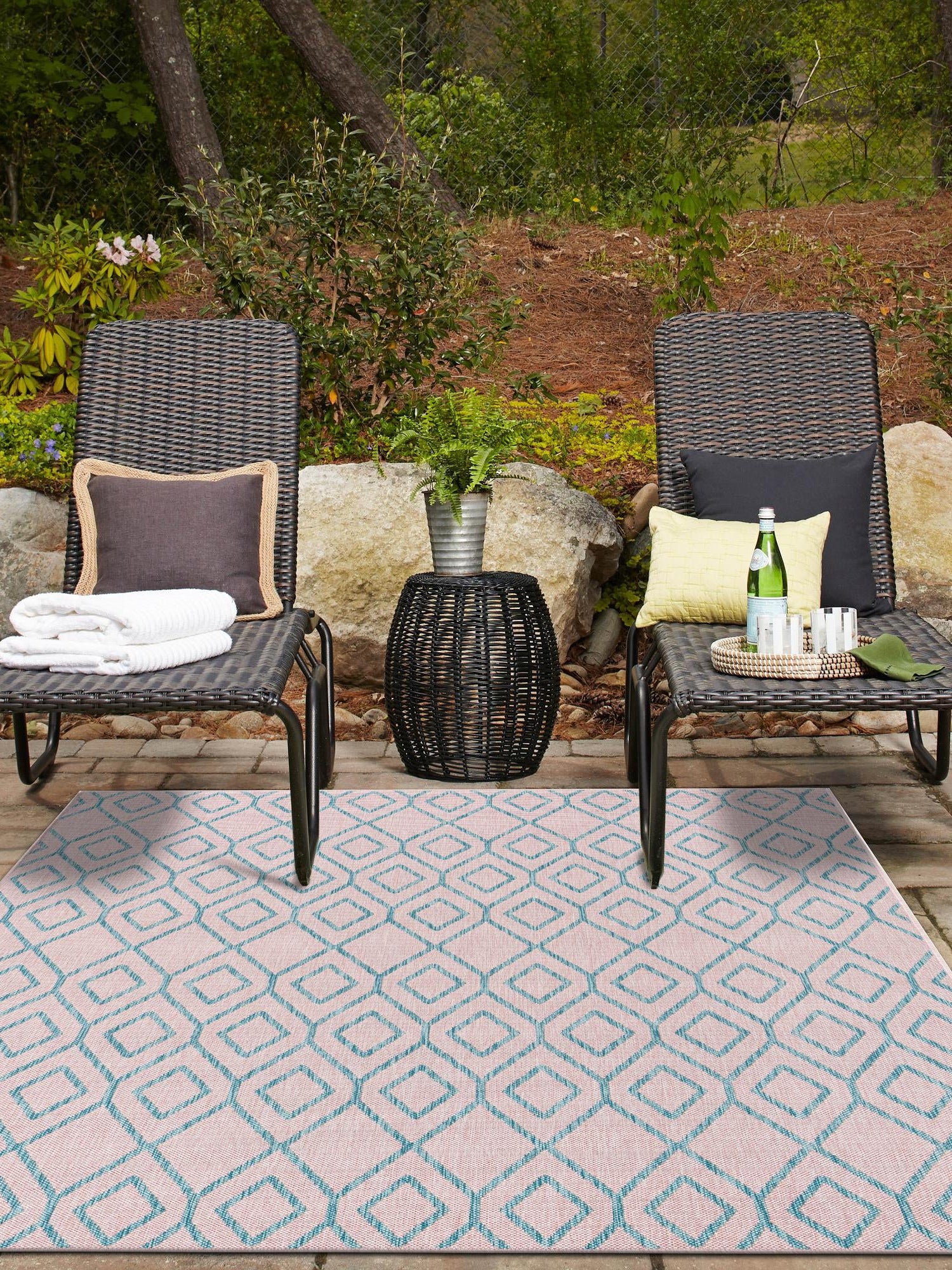 Pink and Aqua 4' 1 x 6' 1 Jill Zarin Outdoor Rectangle Area Rug Weather Resistant for Patio, Deck, Terrace, Balcony, Porch Durable 100% Polypropylene Carpet for Outside for Sale at Rug Engine