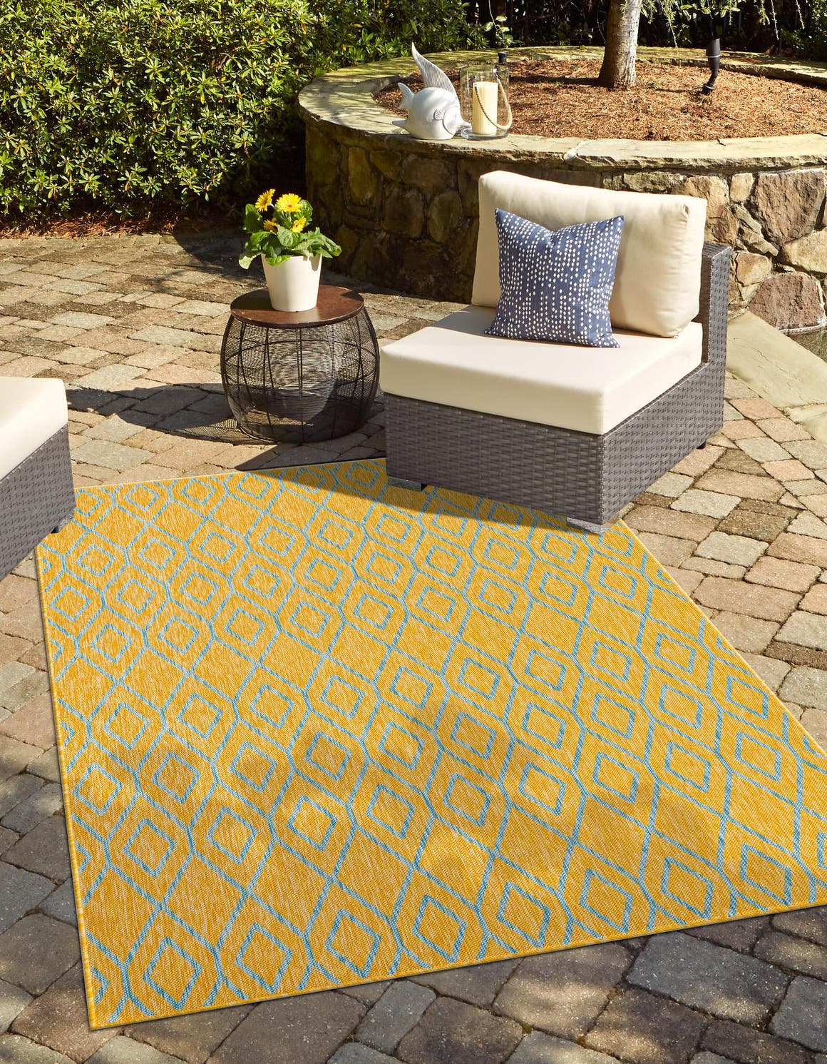 Yellow and Aqua 3' 1 x 5' 3 Jill Zarin Outdoor Rectangle Area Rug Weather Resistant for Patio, Deck, Terrace, Balcony, Porch Durable 100% Polypropylene Carpet for Outside for Sale at Rug Engine