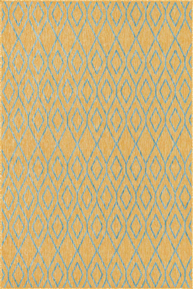 Yellow and Aqua 5' 3 x 8' Jill Zarin Outdoor Rectangle Area Rug Weather Resistant for Patio, Deck, Terrace, Balcony, Porch Durable 100% Polypropylene Carpet for Outside for Sale at Rug Engine