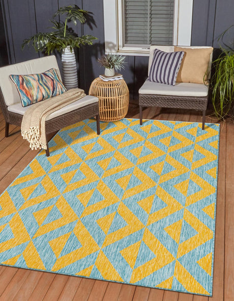 Yellow and Aqua 5' 3 x 8' Jill Zarin Outdoor Rectangle Rug