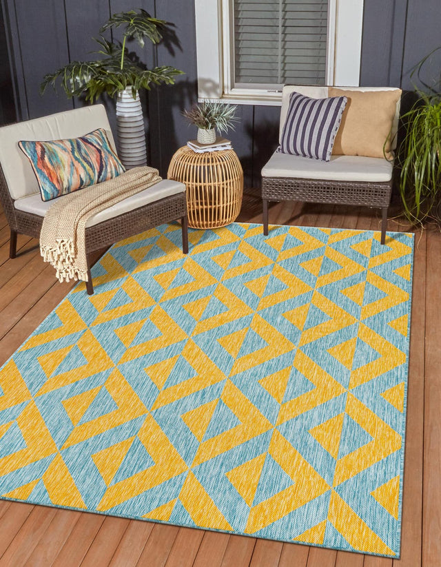 Yellow and Aqua 5' 3 x 8' Jill Zarin Outdoor Rectangle Rug