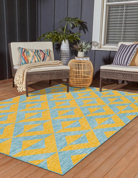 Yellow and Aqua 3' 1 x 5' 3 Jill Zarin Outdoor Rectangle Area Rug Weather Resistant for Patio, Deck, Terrace, Balcony, Porch Durable 100% Polypropylene Carpet for Outside for Sale at Rug Engine