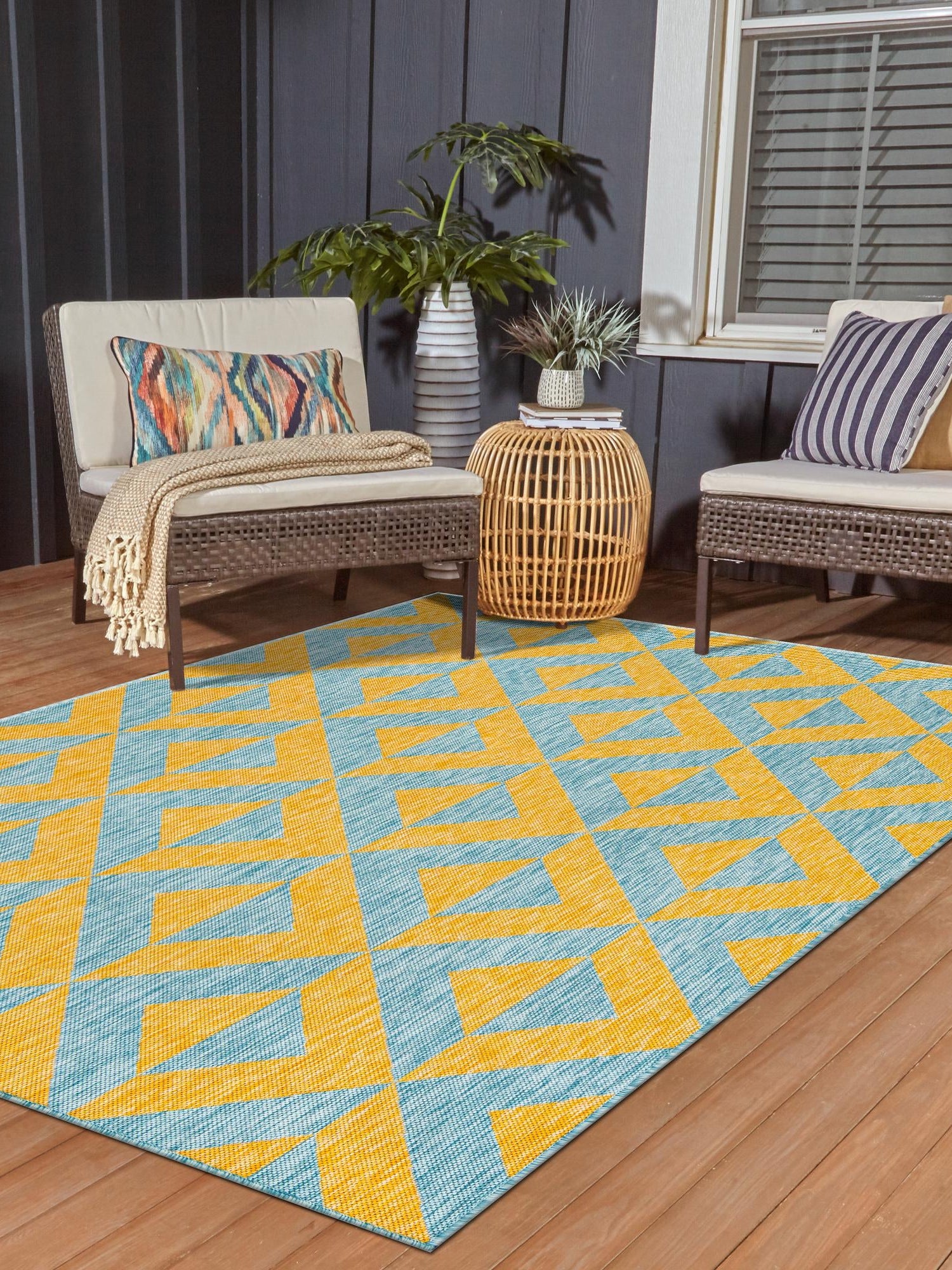 Yellow and Aqua 5' 3 x 8' Jill Zarin Outdoor Rectangle Area Rug Weather Resistant for Patio, Deck, Terrace, Balcony, Porch Durable 100% Polypropylene Carpet for Outside for Sale at Rug Engine