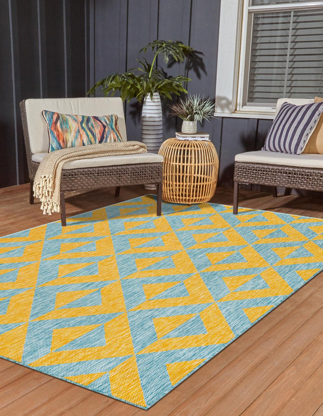 Yellow and Aqua 5' 3 x 8' Jill Zarin Outdoor Rectangle Rug
