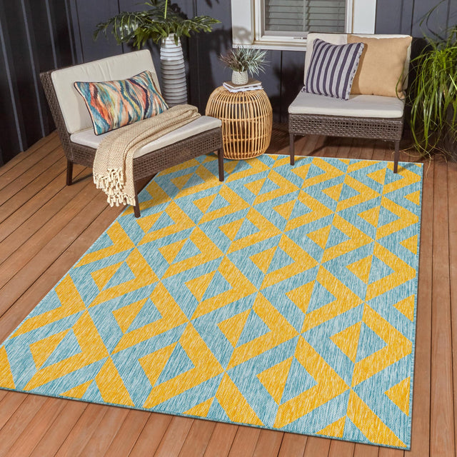 Yellow and Aqua 2' x 3' 1 Jill Zarin Outdoor Rectangle Area Rug Weather Resistant for Patio, Deck, Terrace, Balcony, Porch Durable 100% Polypropylene Carpet for Outside for Sale at Rug Engine
