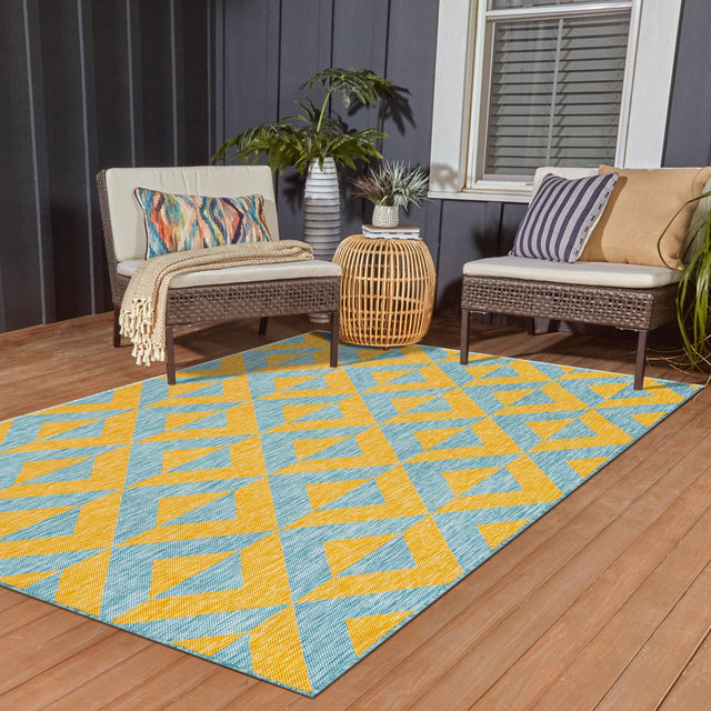 Yellow and Aqua 2' x 3' 1 Jill Zarin Outdoor Rectangle Area Rug Weather Resistant for Patio, Deck, Terrace, Balcony, Porch Durable 100% Polypropylene Carpet for Outside for Sale at Rug Engine
