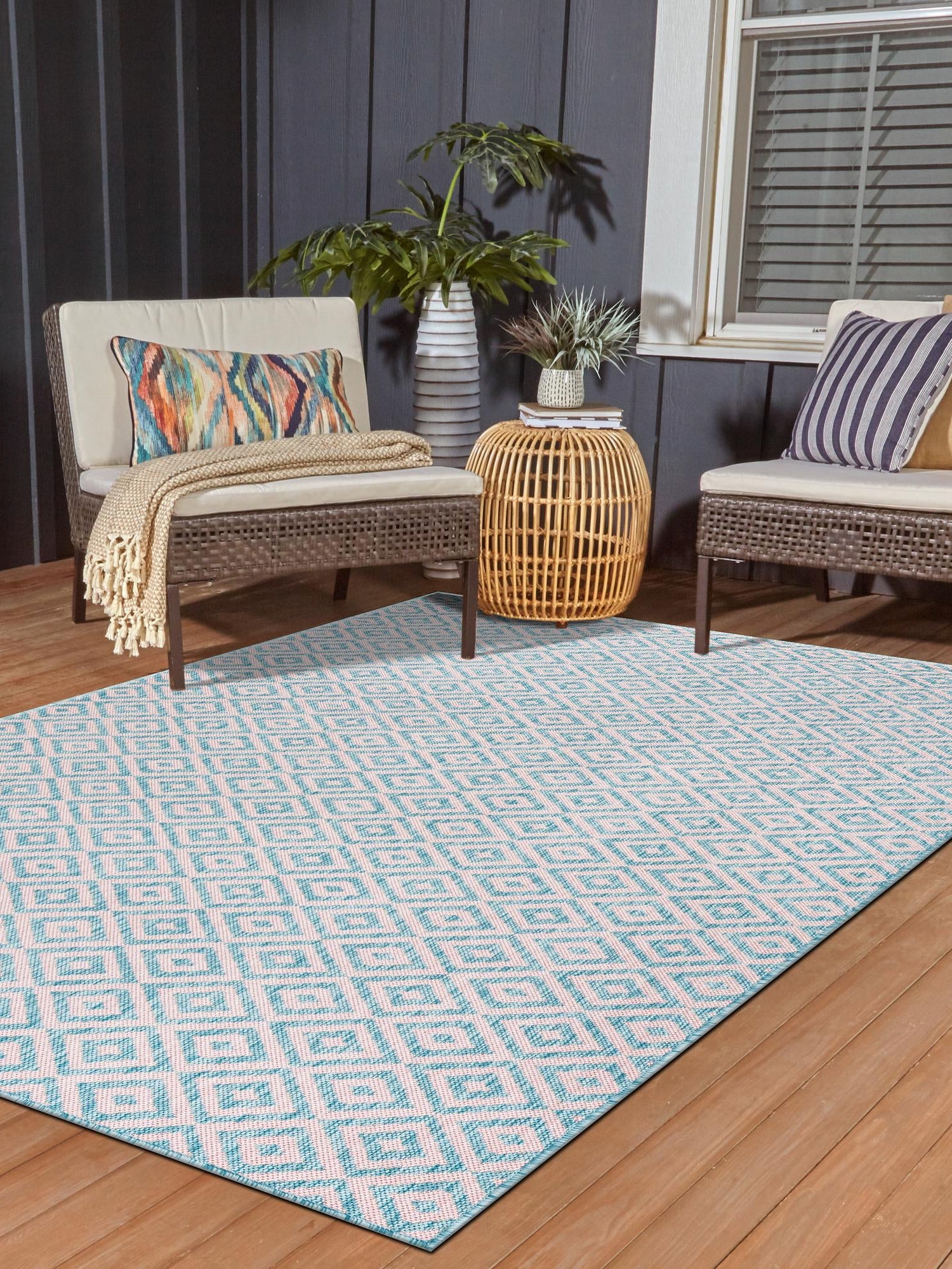 Pink and Aqua 2' x 3' 1 Jill Zarin Outdoor Rectangle Area Rug Weather Resistant for Patio, Deck, Terrace, Balcony, Porch Durable 100% Polypropylene Carpet for Outside for Sale at Rug Engine