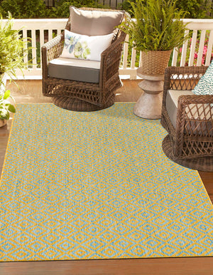 Yellow and Aqua 5' 3 x 8' Jill Zarin Outdoor Rectangle Area Rug Weather Resistant for Patio, Deck, Terrace, Balcony, Porch Durable 100% Polypropylene Carpet for Outside for Sale at Rug Engine