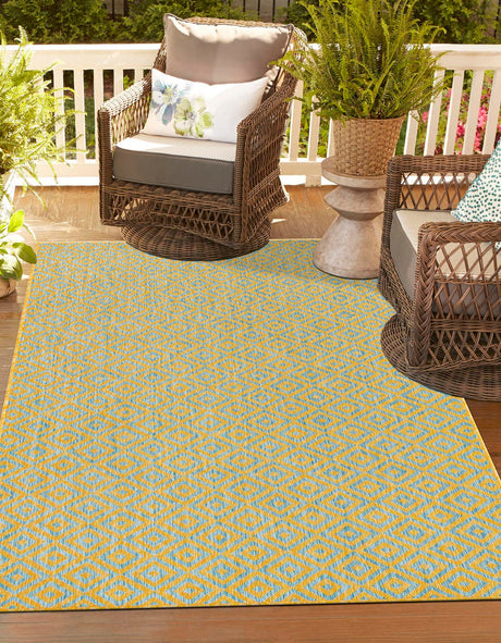 Yellow and Aqua 5' 3 x 8' Jill Zarin Outdoor Rectangle Area Rug Weather Resistant for Patio, Deck, Terrace, Balcony, Porch Durable 100% Polypropylene Carpet for Outside for Sale at Rug Engine