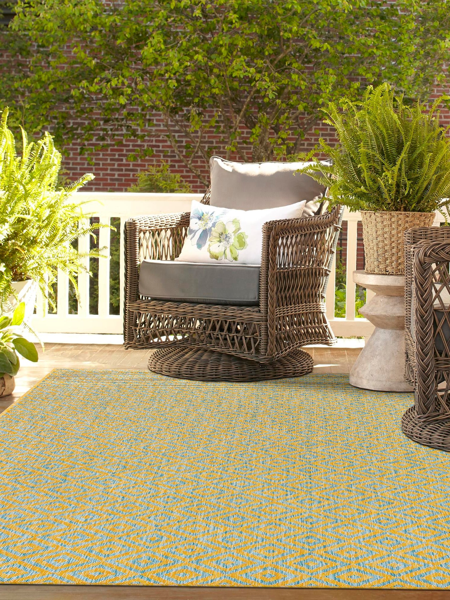 Yellow and Aqua 5' 3 x 8' Jill Zarin Outdoor Rectangle Area Rug Weather Resistant for Patio, Deck, Terrace, Balcony, Porch Durable 100% Polypropylene Carpet for Outside for Sale at Rug Engine