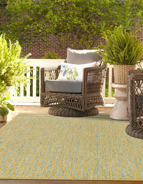 Yellow and Aqua 5' 3 x 8' Jill Zarin Outdoor Rectangle Area Rug Weather Resistant for Patio, Deck, Terrace, Balcony, Porch Durable 100% Polypropylene Carpet for Outside for Sale at Rug Engine