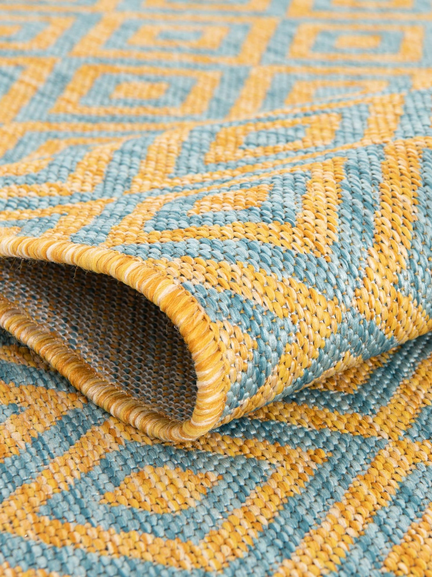 Yellow and Aqua 5' 3 x 8' Jill Zarin Outdoor Rectangle Area Rug Weather Resistant for Patio, Deck, Terrace, Balcony, Porch Durable 100% Polypropylene Carpet for Outside for Sale at Rug Engine