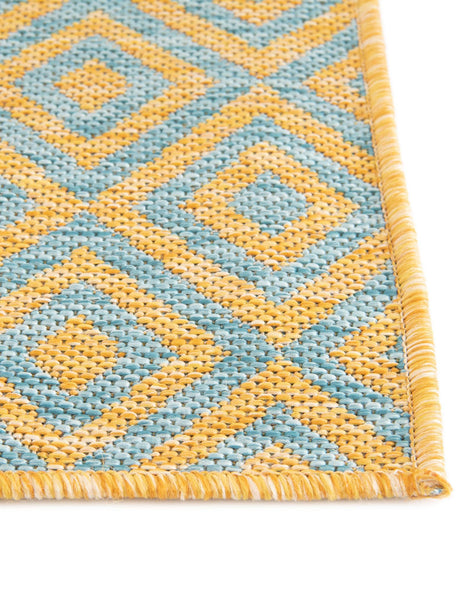 Yellow and Aqua 5' 3 x 8' Jill Zarin Outdoor Rectangle Area Rug Weather Resistant for Patio, Deck, Terrace, Balcony, Porch Durable 100% Polypropylene Carpet for Outside for Sale at Rug Engine