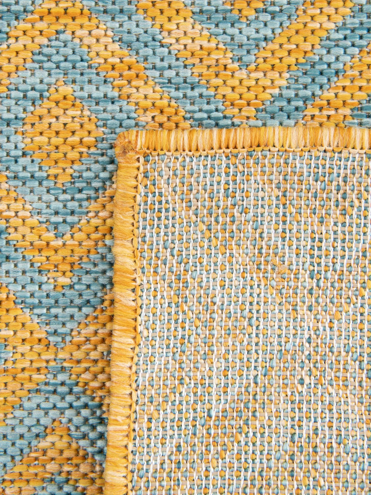 Yellow and Aqua 5' 3 x 8' Jill Zarin Outdoor Rectangle Area Rug Weather Resistant for Patio, Deck, Terrace, Balcony, Porch Durable 100% Polypropylene Carpet for Outside for Sale at Rug Engine