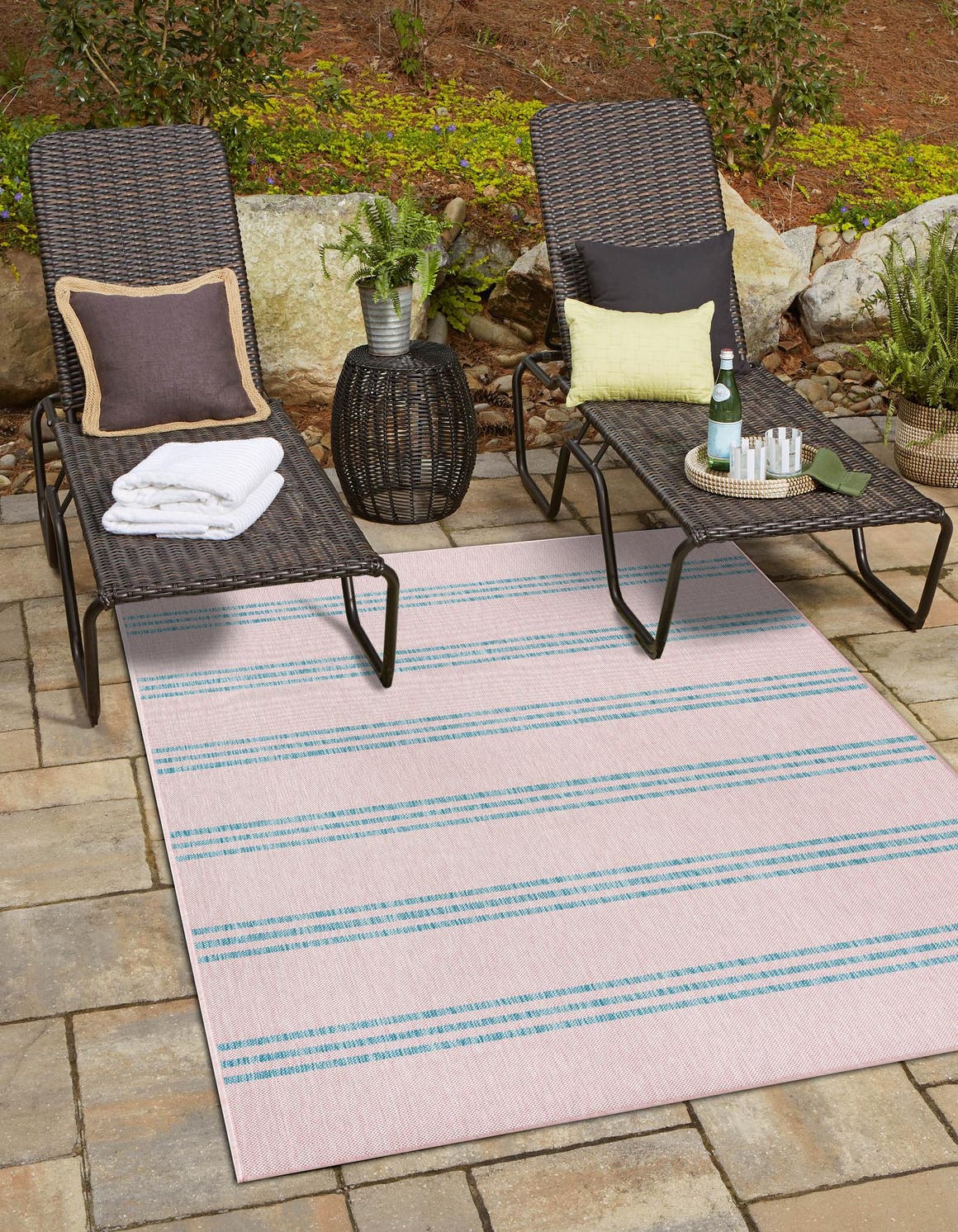 Pink and Aqua 7' 1 x 10' Jill Zarin Outdoor Rectangle Area Rug Weather Resistant for Patio, Deck, Terrace, Balcony, Porch Durable 100% Polypropylene Carpet for Outside for Sale at Rug Engine