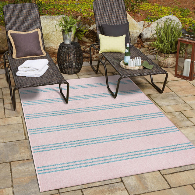 Pink and Aqua 7' 1 x 10' Jill Zarin Outdoor Rectangle Area Rug Weather Resistant for Patio, Deck, Terrace, Balcony, Porch Durable 100% Polypropylene Carpet for Outside for Sale at Rug Engine