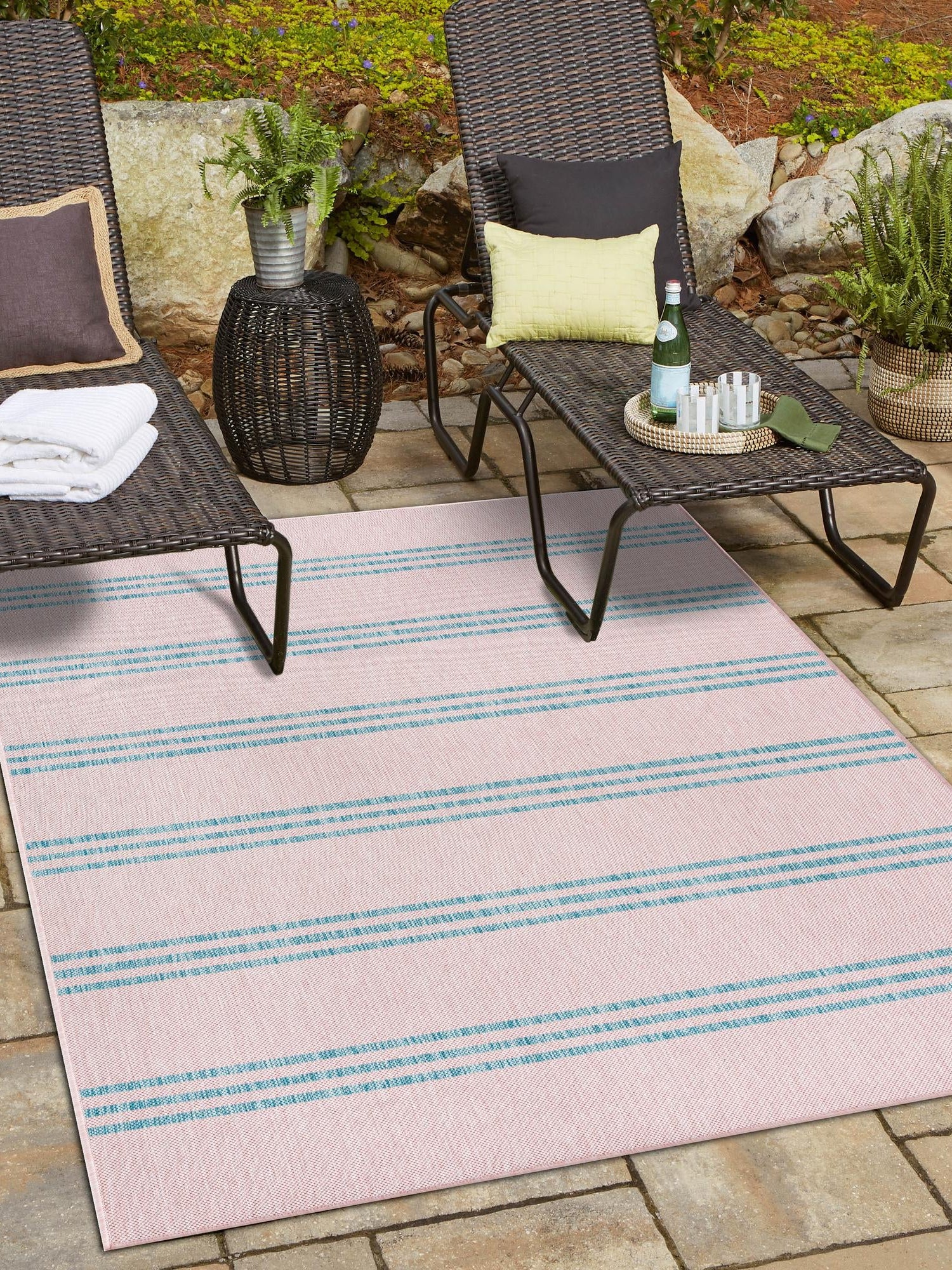 Pink and Aqua 4' 1 x 6' 1 Jill Zarin Outdoor Rectangle Area Rug Weather Resistant for Patio, Deck, Terrace, Balcony, Porch Durable 100% Polypropylene Carpet for Outside for Sale at Rug Engine