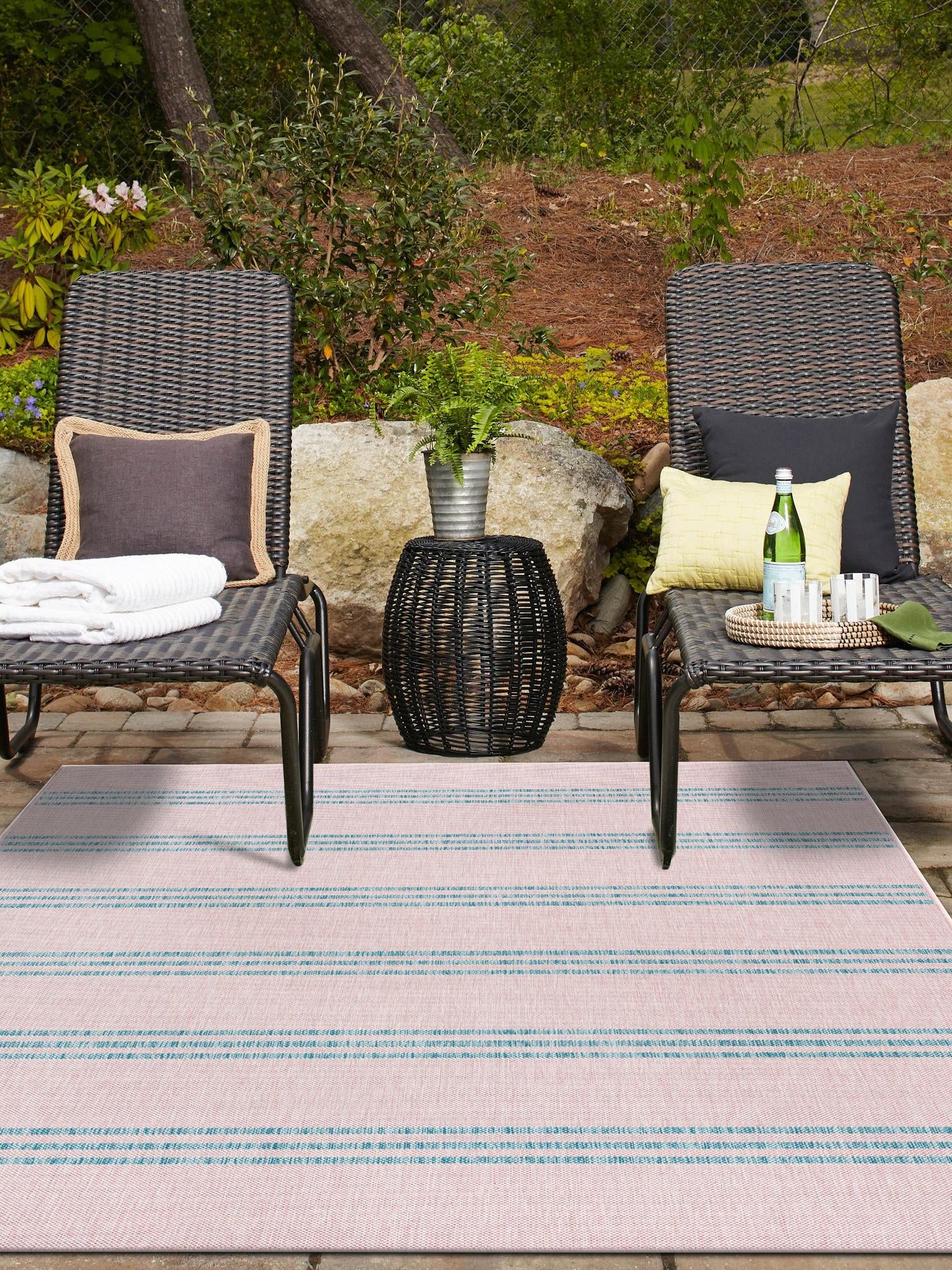 Pink and Aqua 4' 1 x 6' 1 Jill Zarin Outdoor Rectangle Area Rug Weather Resistant for Patio, Deck, Terrace, Balcony, Porch Durable 100% Polypropylene Carpet for Outside for Sale at Rug Engine