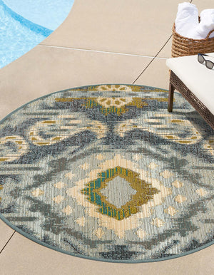 Blue 2' 7 x 2' 7 Outdoor Modern Round Area Rug Weather Resistant for Patio, Deck, Terrace, Balcony, Porch 100% Polypropylene Modern Outside Carpet for Sale at Rug Engine