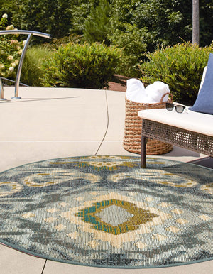 Blue 2' 7 x 2' 7 Outdoor Modern Round Area Rug Weather Resistant for Patio, Deck, Terrace, Balcony, Porch 100% Polypropylene Modern Outside Carpet for Sale at Rug Engine