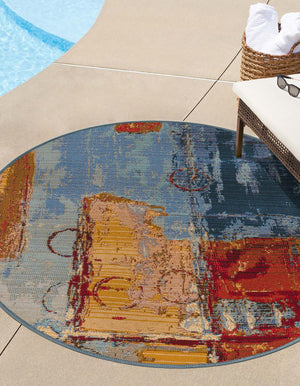 Multicolor 2' 7 x 2' 7 Outdoor Modern Round Area Rug Weather Resistant for Patio, Deck, Terrace, Balcony, Porch 100% Polypropylene Modern Outside Carpet for Sale at Rug Engine