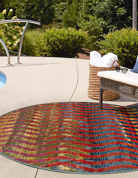 Multicolor 2' 7 x 2' 7 Outdoor Modern Round Area Rug Weather Resistant for Patio, Deck, Terrace, Balcony, Porch 100% Polypropylene Modern Outside Carpet for Sale at Rug Engine