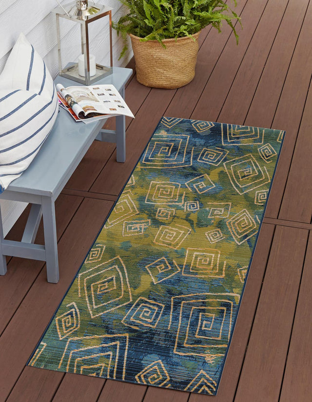 Blue 2' 7 x 5' 3 Outdoor Modern Runner Area Rug Weather Resistant for Patio, Deck, Terrace, Balcony, Porch 100% Polypropylene Modern Outside Carpet for Sale at Rug Engine