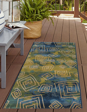 Blue 2' 7 x 5' 3 Outdoor Modern Runner Area Rug Weather Resistant for Patio, Deck, Terrace, Balcony, Porch 100% Polypropylene Modern Outside Carpet for Sale at Rug Engine