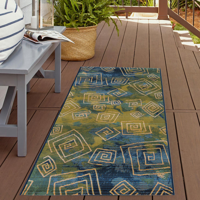 Blue 2' 7 x 5' 3 Outdoor Modern Runner Area Rug Weather Resistant for Patio, Deck, Terrace, Balcony, Porch 100% Polypropylene Modern Outside Carpet for Sale at Rug Engine