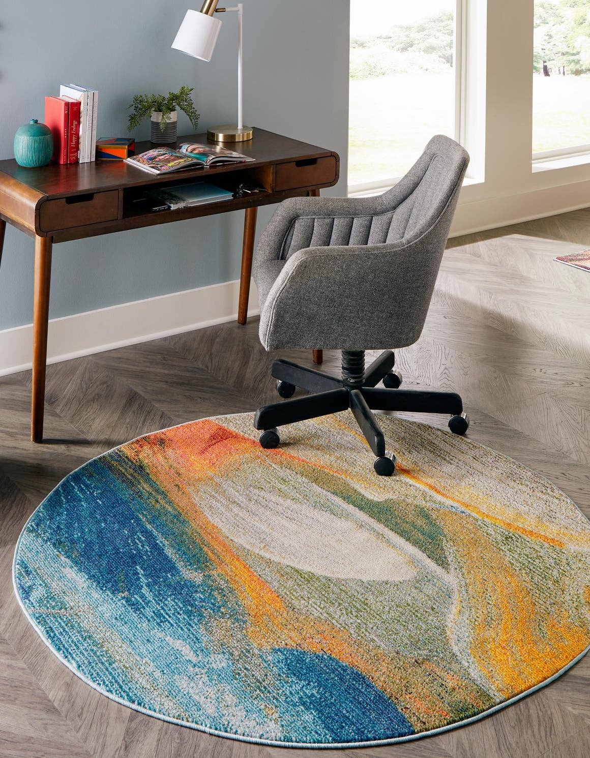 Blue 5' 3 x 5' 3 Haerfest Round Area Rug Abstract Super Colorful Modern Vivid Carpet for Unique Interior Design Room Decorating for Sale at Rug Engine