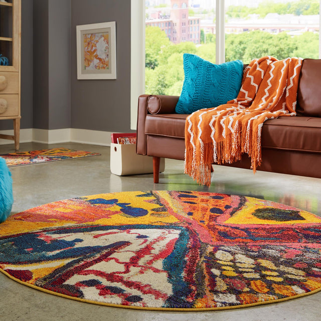 Yellow 7' 10 x 7' 10 Haerfest Round Area Rug Abstract Super Colorful Modern Vivid Carpet for Unique Interior Design Room Decorating for Sale at Rug Engine