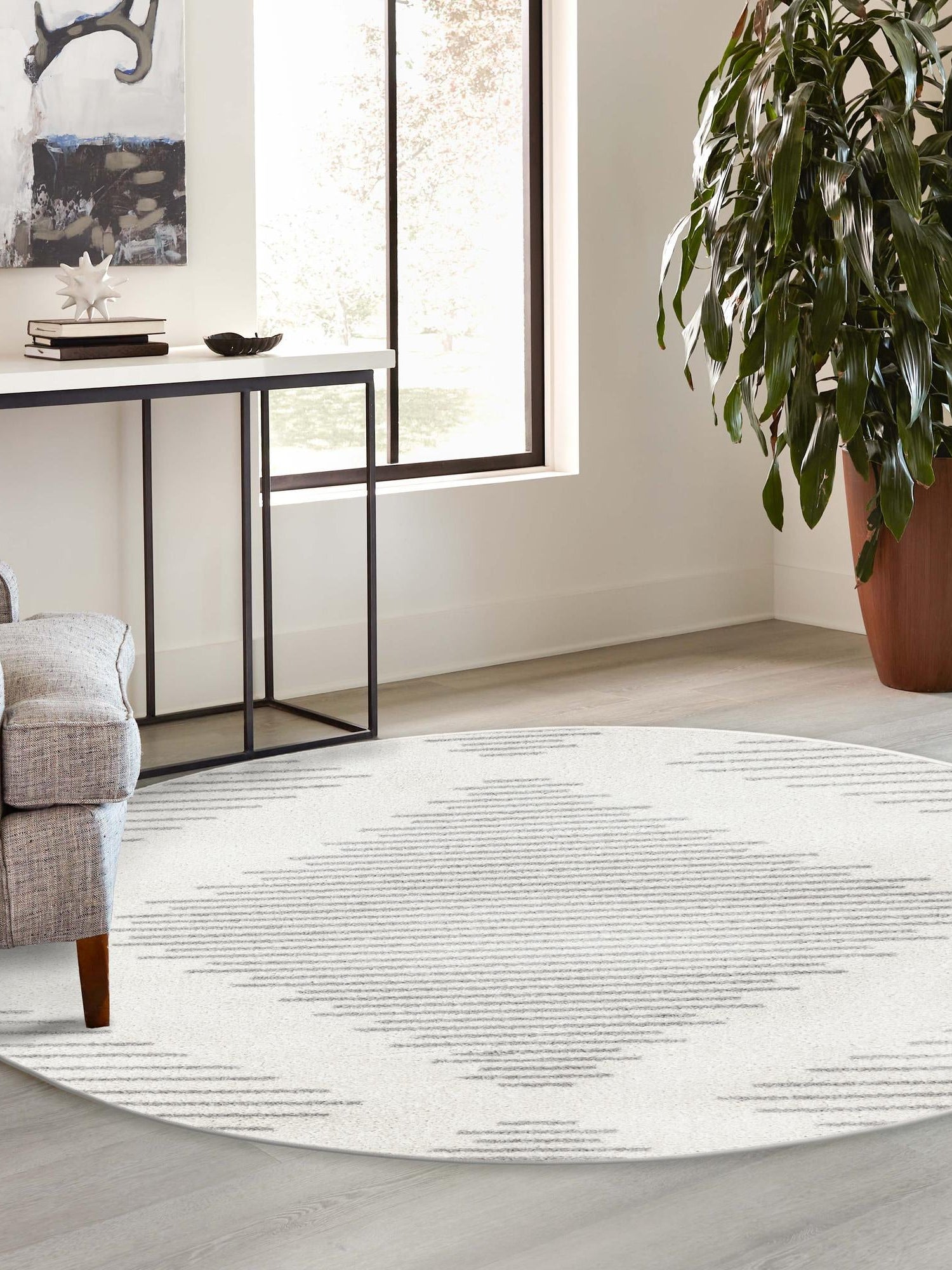 Ivory and Gray 4' 1 x 4' 1 Kai Round Area Rug Easy Clean 100% Polypropylene With Cotton Backing Modern Geometric Carpet for Living, Dining, Office, Bedroom for Sale at Rug Engine