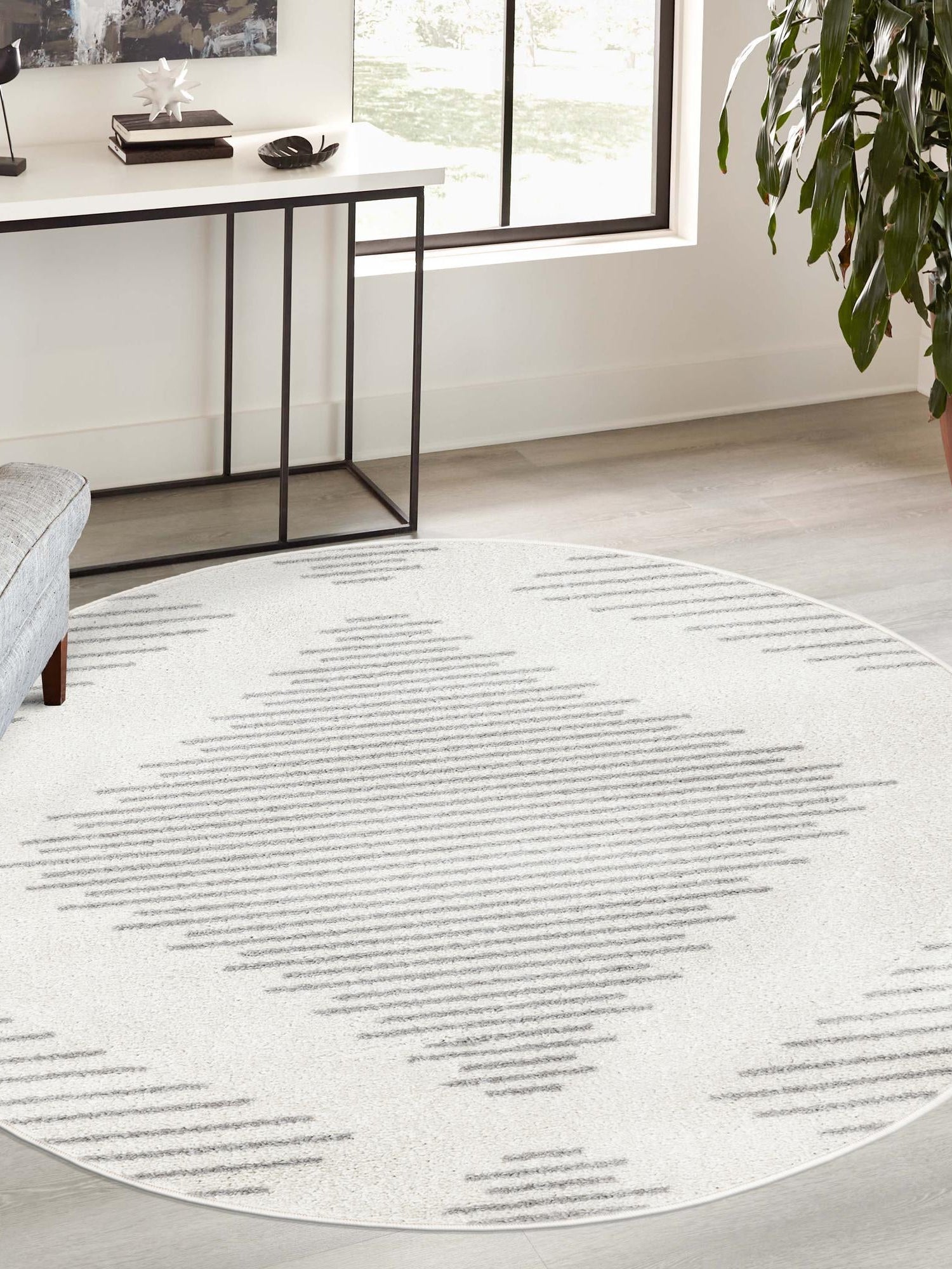 Ivory and Gray 7' 10 x 7' 10 Kai Round Area Rug Easy Clean 100% Polypropylene With Cotton Backing Modern Geometric Carpet for Living, Dining, Office, Bedroom for Sale at Rug Engine
