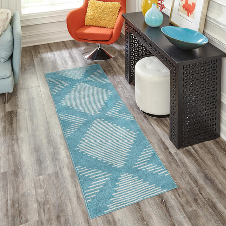 Light Blue 2' 7 x 10' Kai Runner Area Rug Easy Clean 100% Polypropylene With Cotton Backing Modern Geometric Carpet for Living, Dining, Office, Bedroom for Sale at Rug Engine