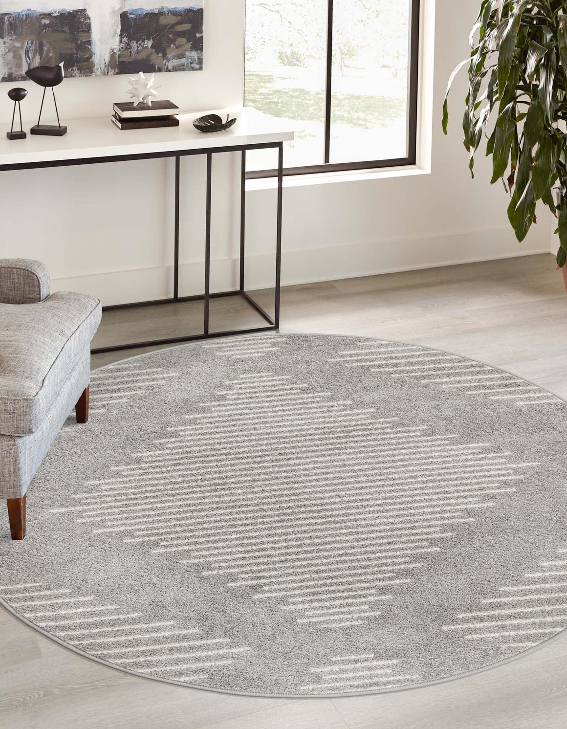 Gray and Ivory 10' x 10' Kai Round Area Rug Easy Clean 100% Polypropylene With Cotton Backing Modern Geometric Carpet for Living, Dining, Office, Bedroom for Sale at Rug Engine